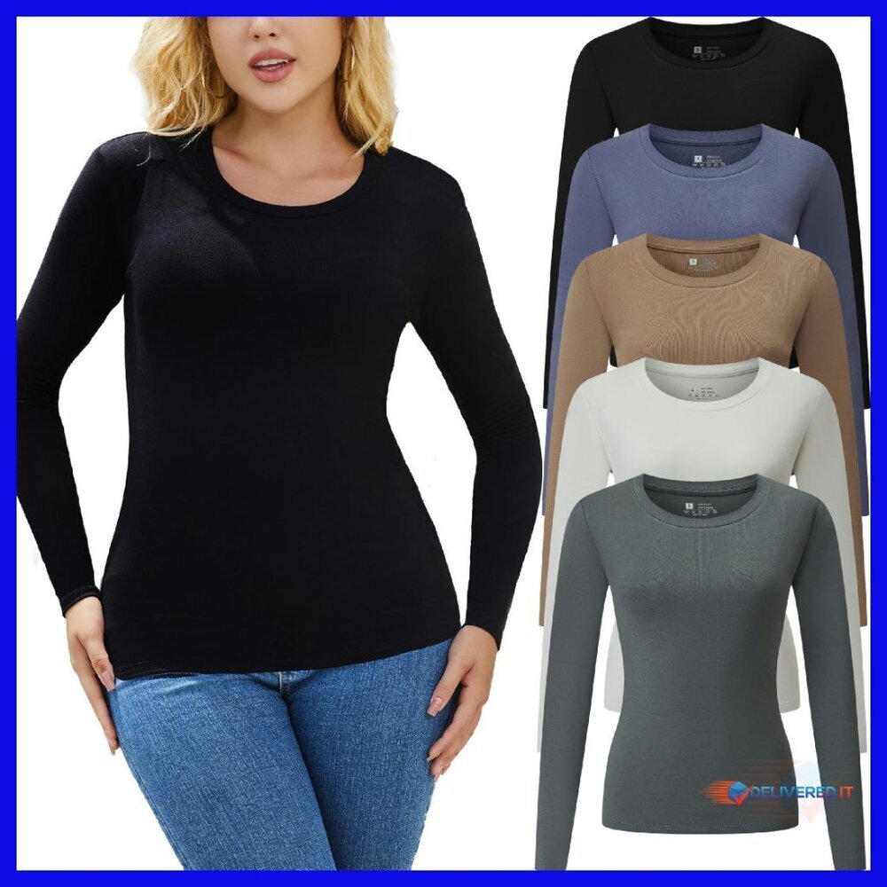 5 Pack Long Sleeve Thermal Shirts Women's Stretch Fitted Crew Neck Tops